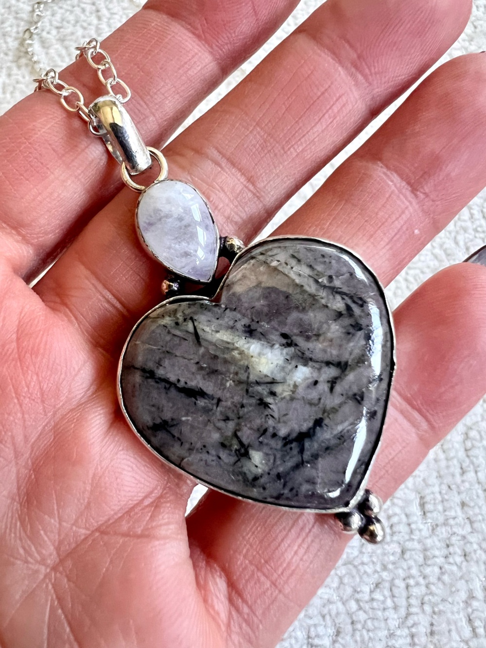 925 Higher Heart ❤️ Rhodonite + Flash Moonstone Pendant Necklace